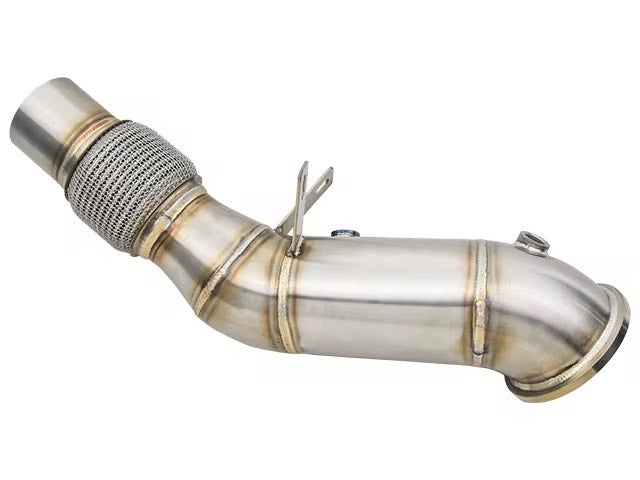Direct bolt-on BMW B48 downpipe upgrade for factory exhaust system