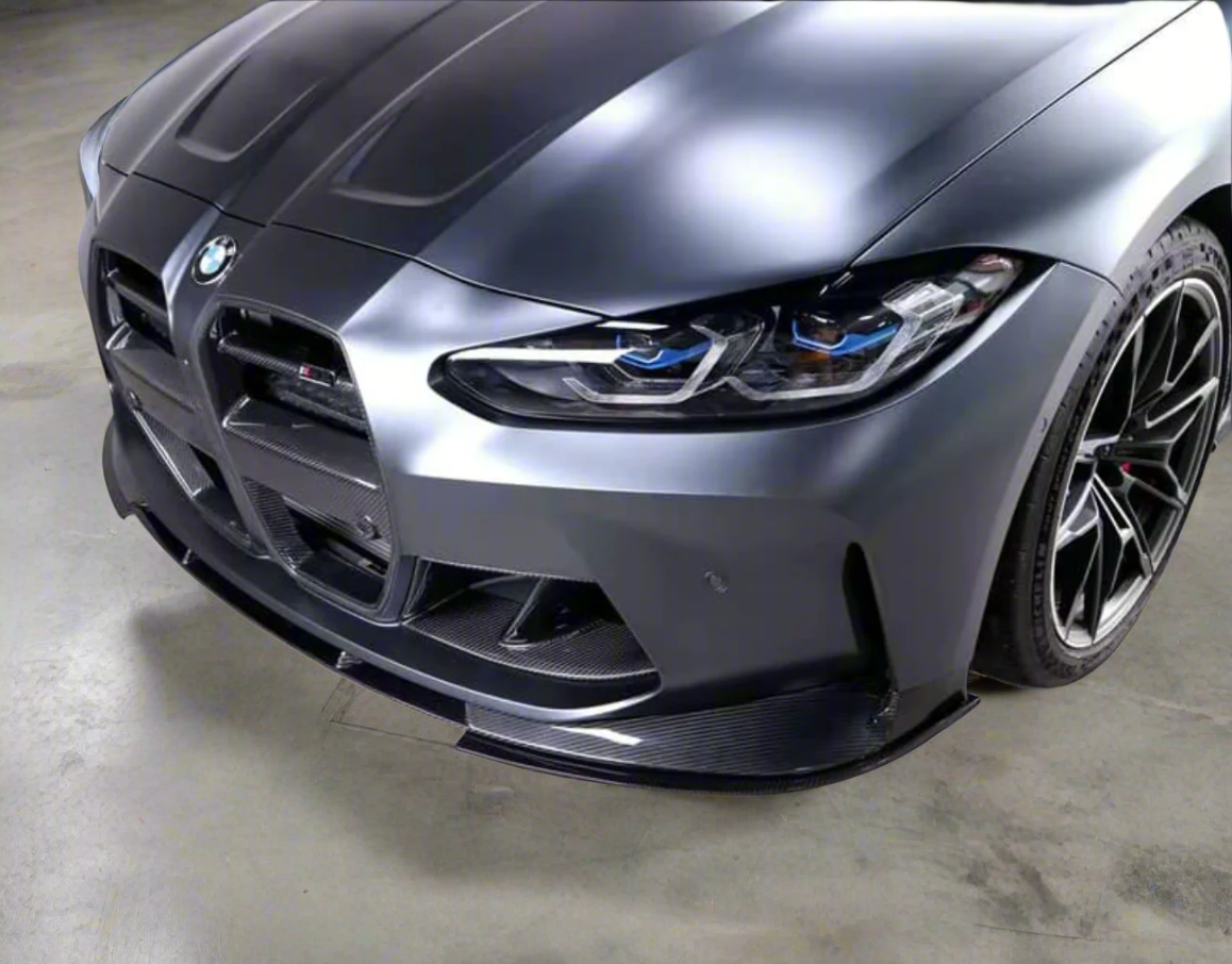 BMW G80 M3 front lip installed on front bumper – carbon fiber design