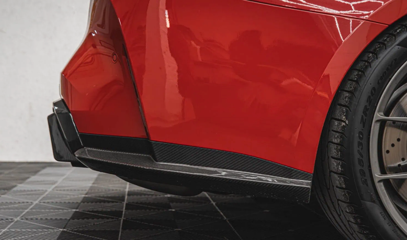 BMW G80 M3 carbon fiber rear diffuser installed rear view