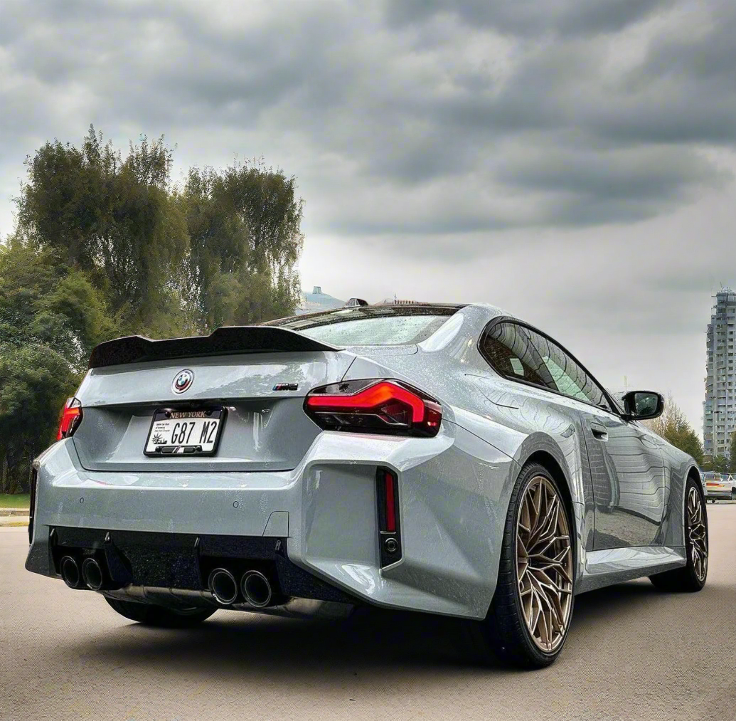 MP style BMW M2 carbon fiber spoiler close-up detail