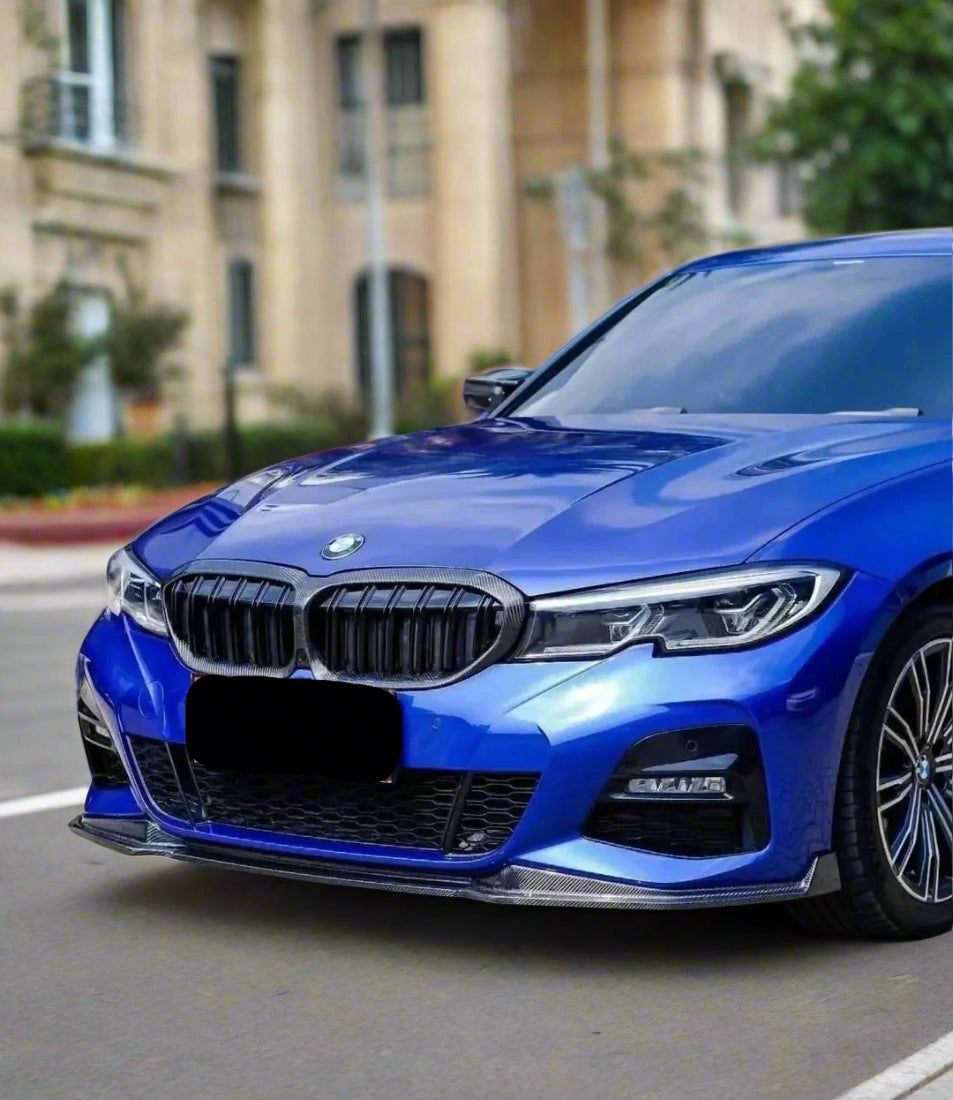 MP style front lip BMW G20 3 Series carbon fiber front view