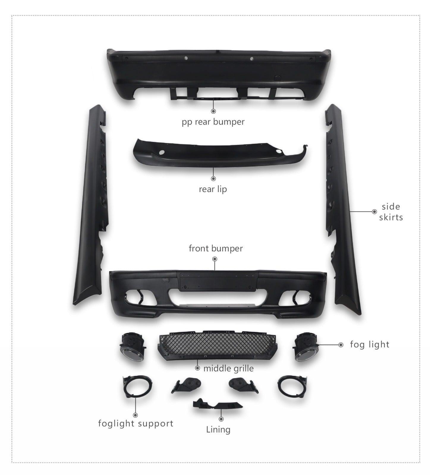 Complete Polypropylene Body Kit for BMW E46 M3, including front and rear bumpers, side skirts, and rear spoiler.