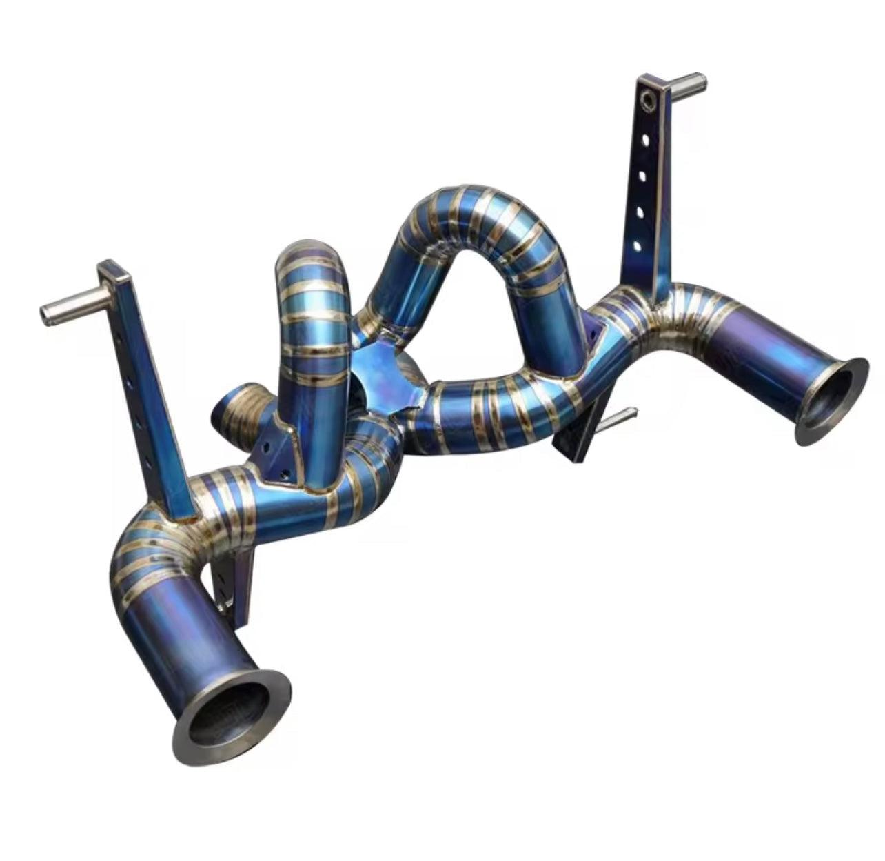 Close-up of Lamborghini Aventador S titanium straight pipe exhaust