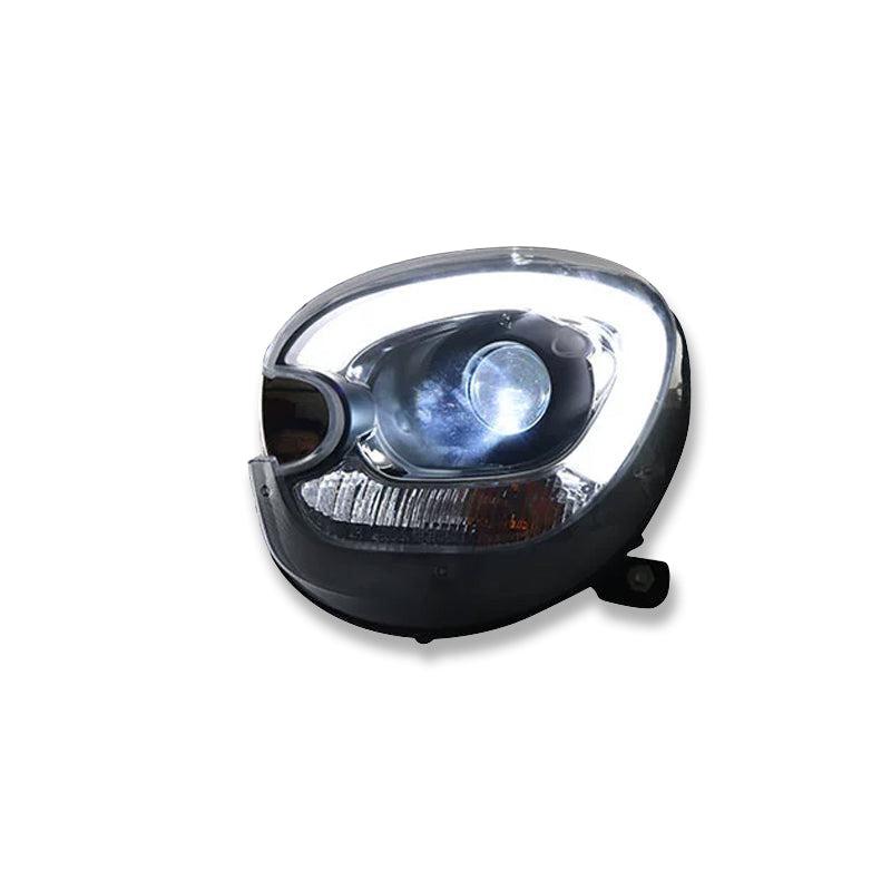 Close-up of MINI Cooper R60 LED headlight lens and design